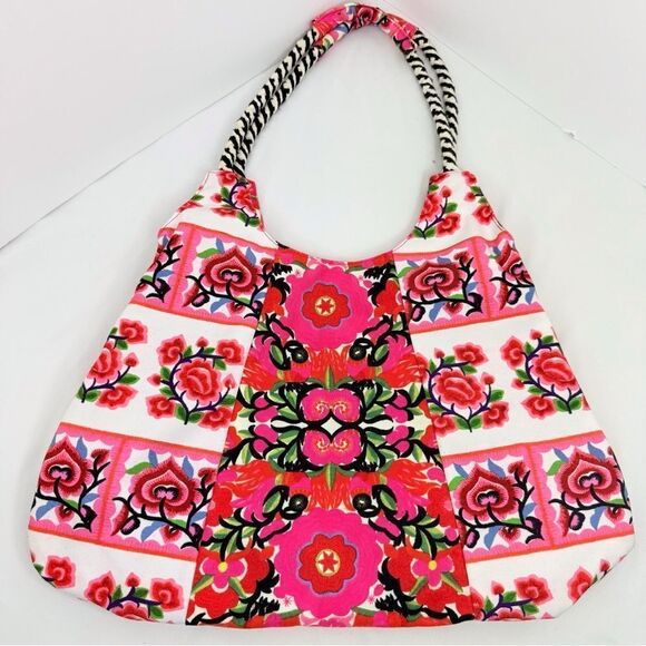 Rip Curl Vibrant Pink Red Embroidered Floral Soft Cotton Canvas Boho Tote Bag - Picture 3 of 16